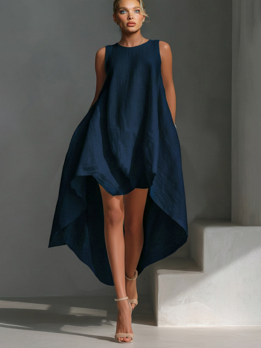 Casual Sleeveless Asymmetrical Hem Midi Dress Blue