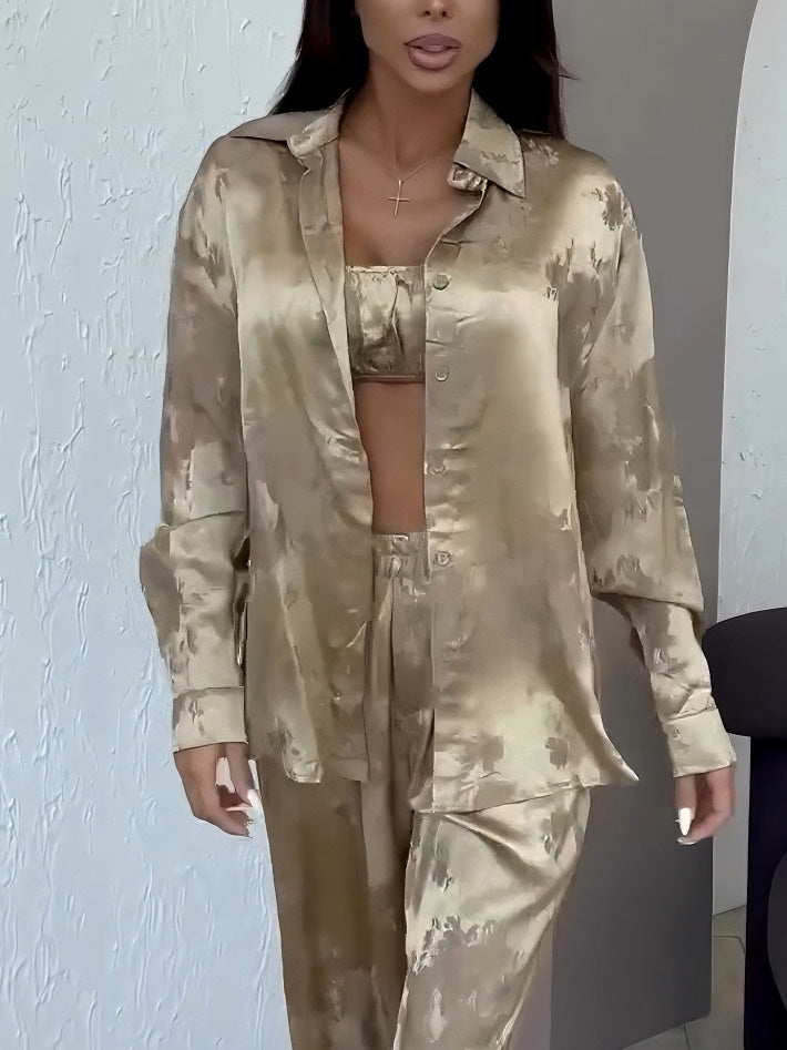 Exquisite Strapless Satin Gradient Print Long-sleeved Shirt Khaki