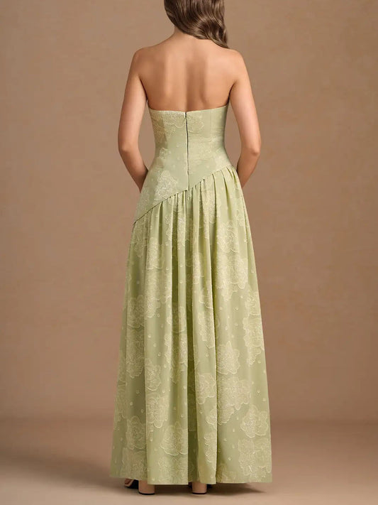 Elegant Strapless Slit Pleated Maxi Dress