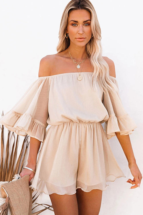 Lovely Disposition Ruffled Off The Shoulder Romper - 2 Colors Beige