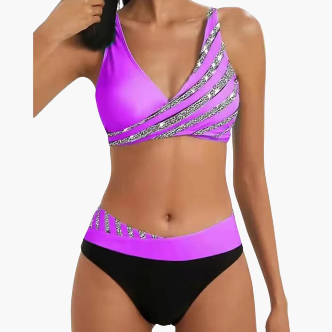 Striped Bikini - Women's Sparkly Two-Piece Swimwear Set
