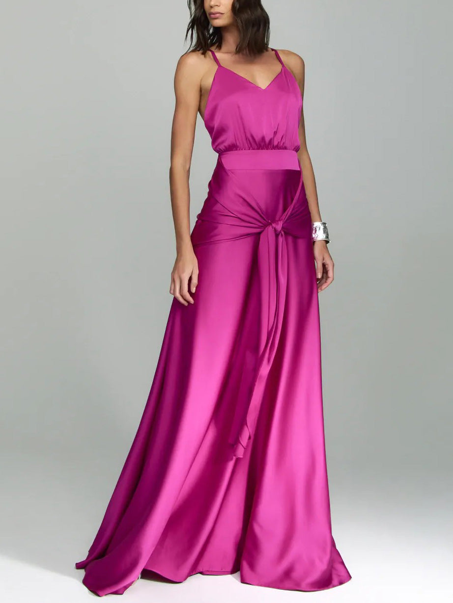 Elegant V-Neck Satin Tie-Waist Floor-Length Slip Dress Rose Red