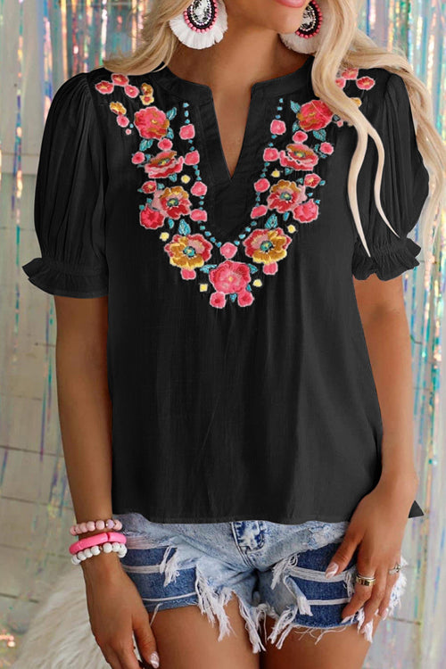 Babe Vibes Floral Embroidered Short Sleeve Top - 2 Colors Black