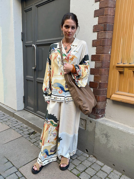 Modern Unique Satin Landscape Print Elastic Waist Pocket Wide Leg Pants
