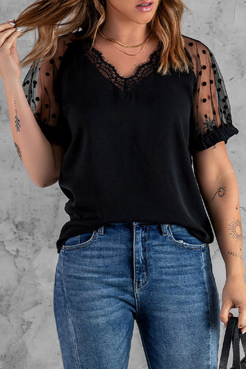 Hello Beautiful Sheer Dot Tulle Short Sleeve Top - 4 Colors Black