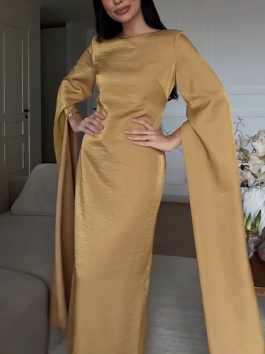 Simple Draped Sleeve Satin Maxi Dress