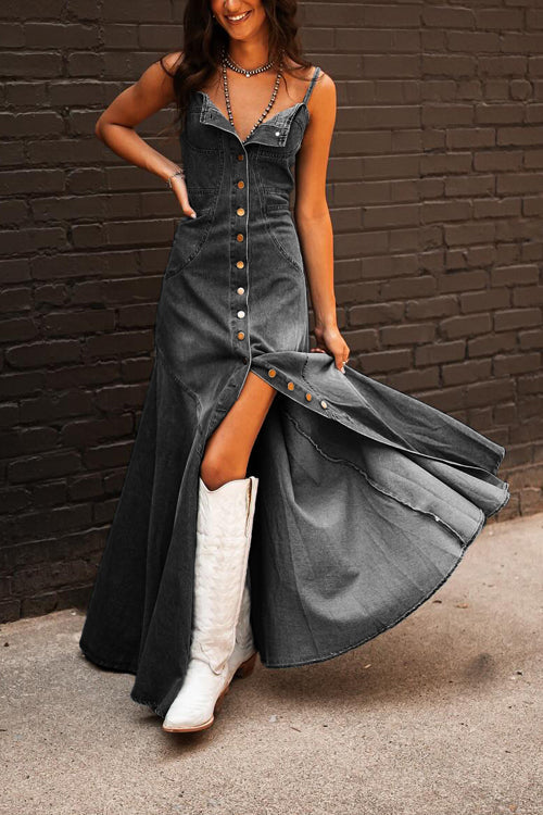 Gorgeous Composure Denim Maxi Dress - 2 Colors Black