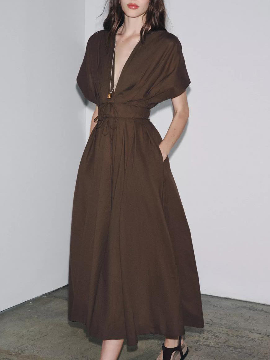 Elegant V-neck Drawstring Pleated Midi Dress Brown