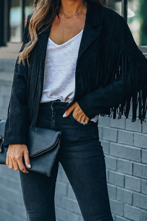 At Your Best Tassel Fringe Faux Suede Shacket - 7 Colors Black