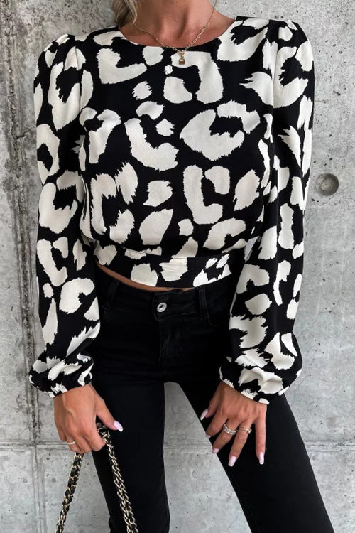 Season To Shine Leopard Backless Long Sleeve Top - 2 Colors Black