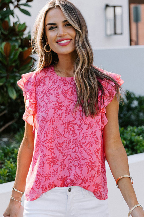 Blossoming Style Printed Short Sleeve Top - 2 Colors Pink