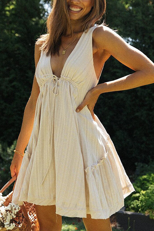 Embrace The Love V-Neck A-Line Babydoll Mini Dress - 3 Colors Beige