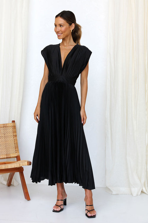 It's Another Day V-Neck Pleated Midi Dress - 5 Colors Black