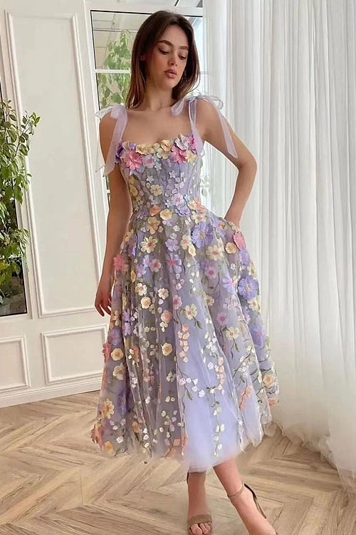 Proof of Perfection 3D Floral Embroidered Tie-Strap Mini Dress Midi Dress