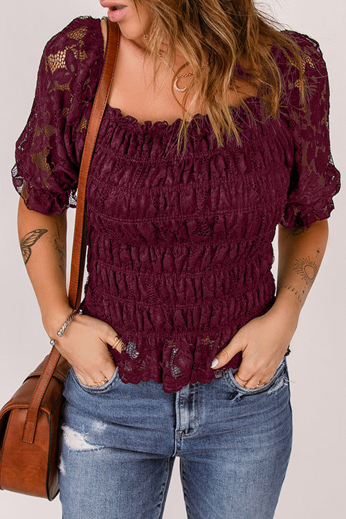 Sweetly Sentimental Lace Pleated Short Sleeve Top - 4 Colors Wine