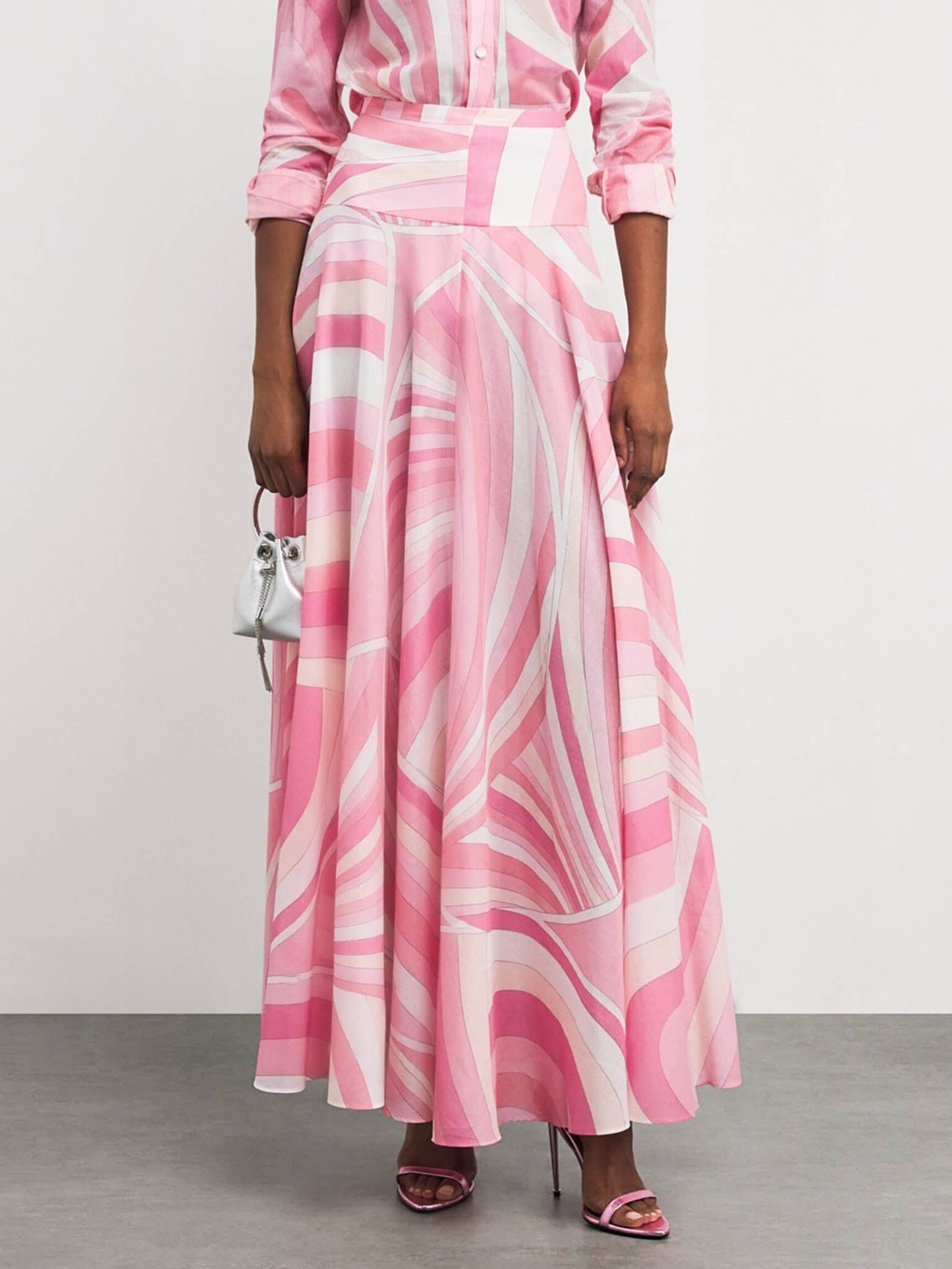 Exquisite Geometric Print Long-sleeved Shirt Pink Skirt