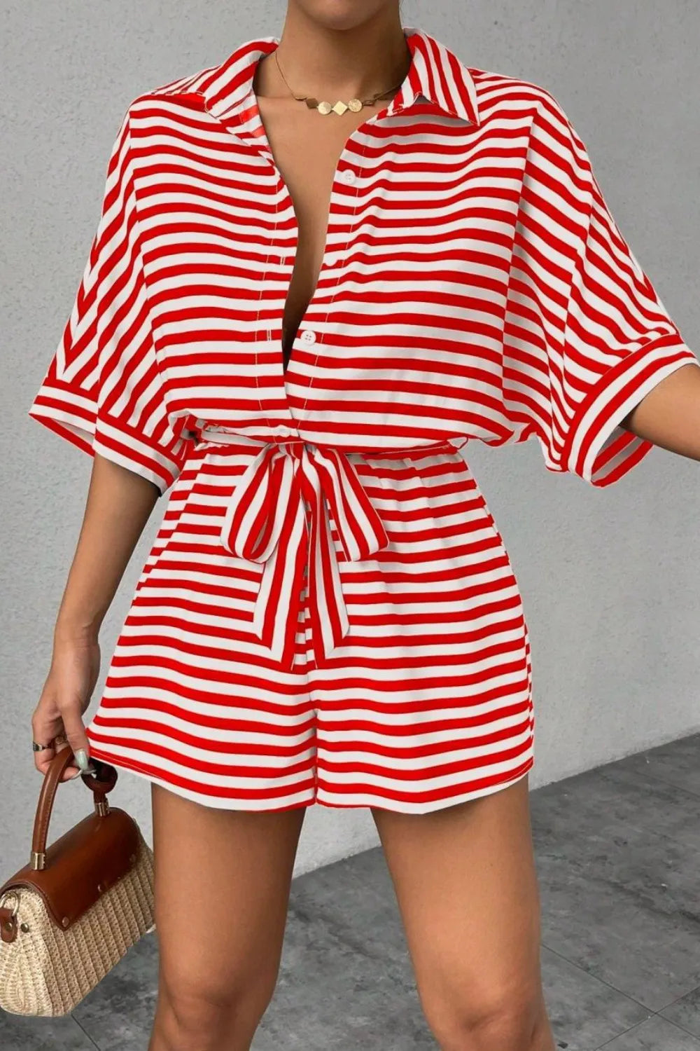 Striped Romper - Collared Tied Waist