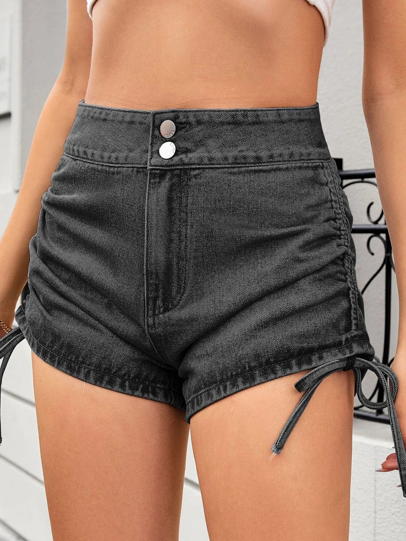 Ruched Side Drawstring Denim Shorts