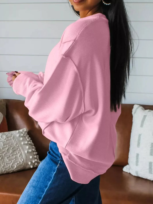 Blush Pink Horizontal Ribbed Drop Shoulder Baggy Pullover – Exposed Seam Detail