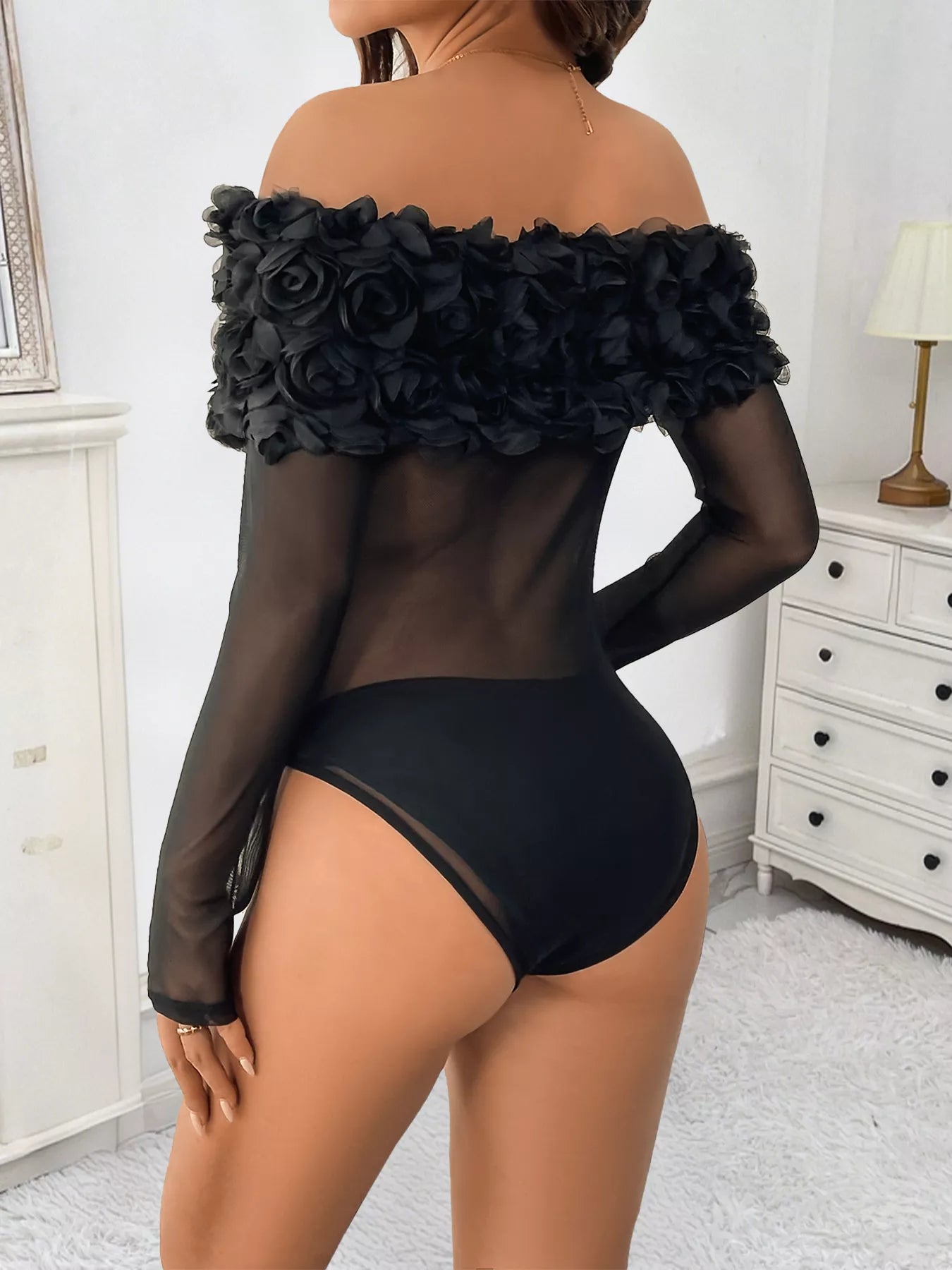 Black Floral Mesh Off-Shoulder Bodysuit for Women – Sheer Sexy Club & Party Top