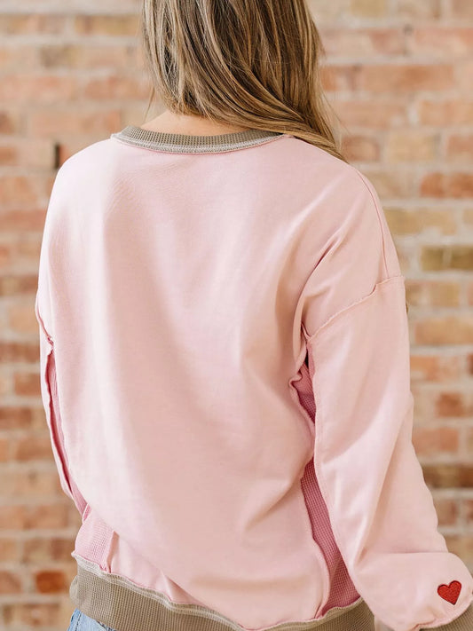 Valentines Color Block Patchwork Lovers Embroidered Letter Sweatshirt