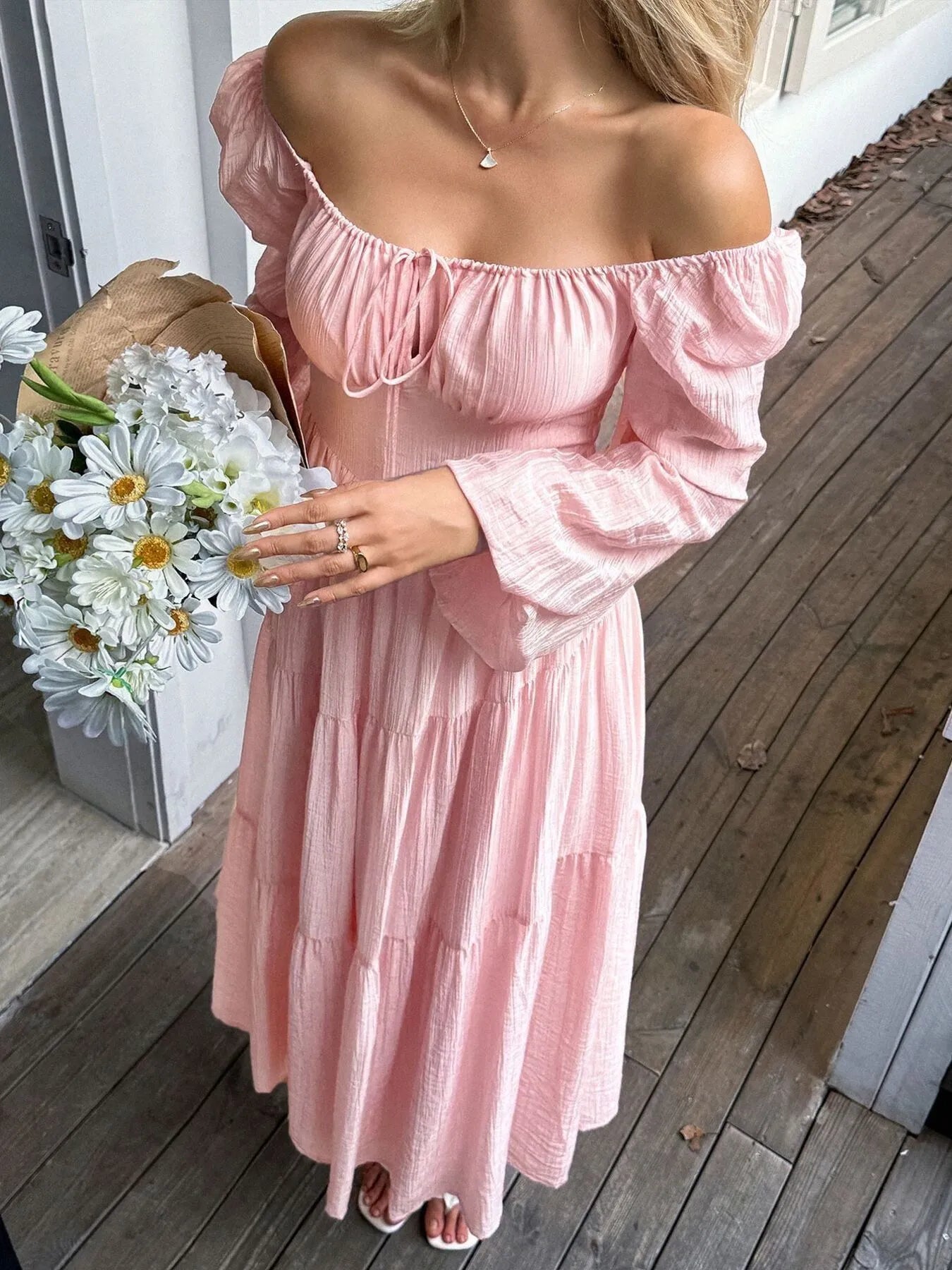 Tiered Balloon Sleeve Midi Dress – Elegant Long Sleeve Boho Dress for Women