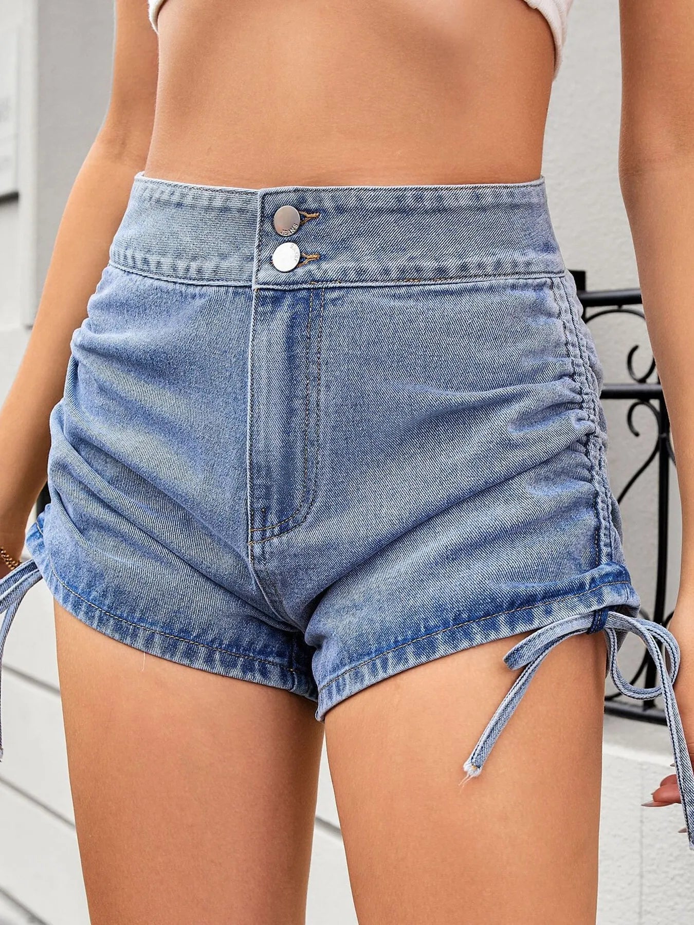 Ruched Side Drawstring Denim Shorts