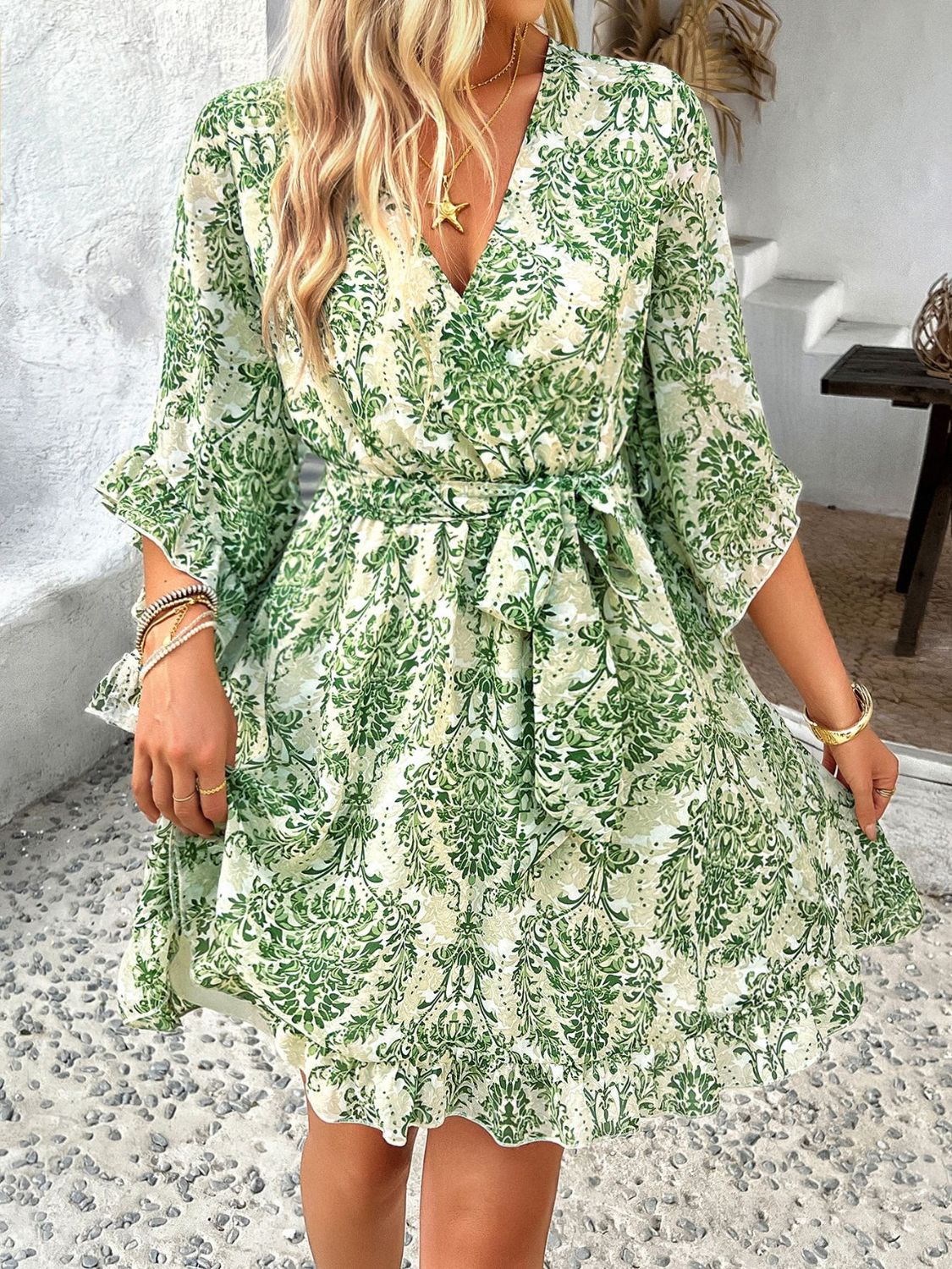 Devine Printed Surplice Ruffled 3/4 Sleeve Mini Dress