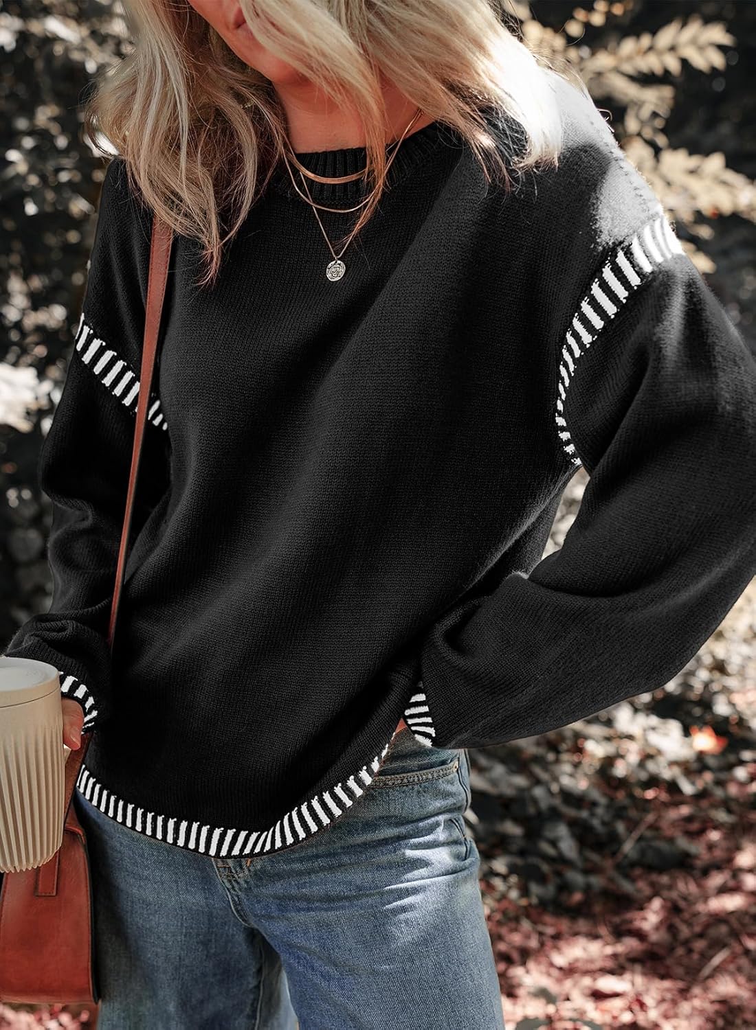 ⏰Hot Sale- Women's Cozy Contrast Trim Crewneck Sweater (BUY 2 FREE SHIPPING)