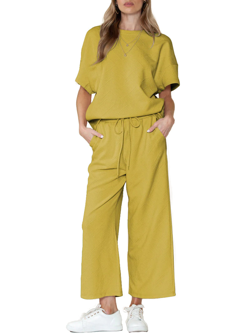 ⏰Hot Sale-Women's Textured Loose Fit T Shirt and Drawstring Pants Casual Set (Buy 2 Free Shipping)