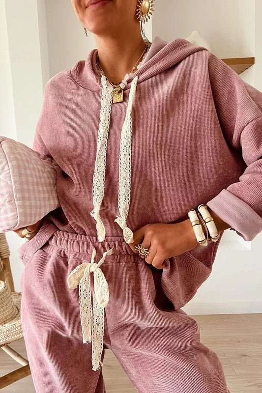 Dusty Pink Lace Detail Dropped Shoulder Hoodie & Pants Set