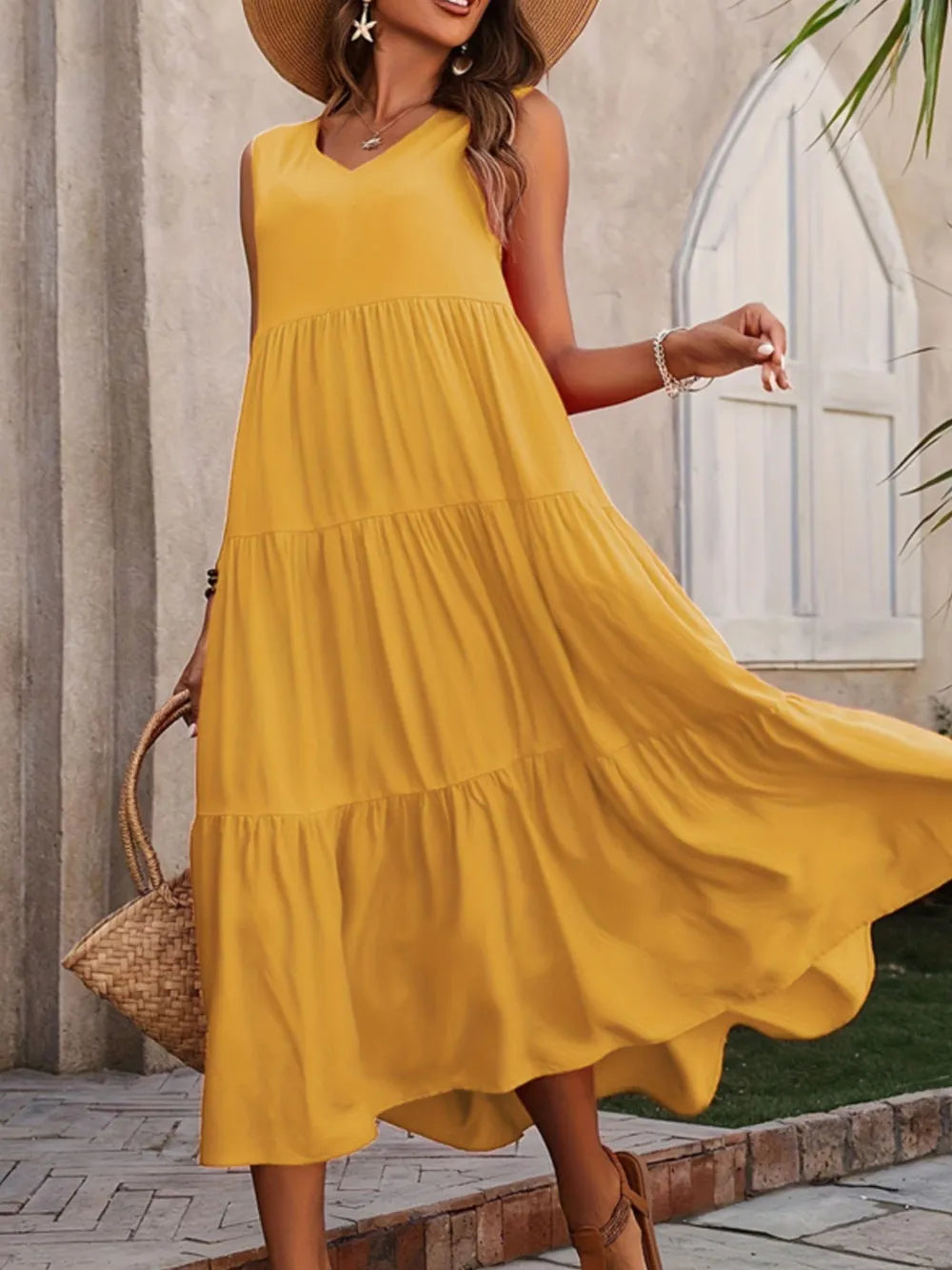 Tiered V-Neck Sleeveless Dress