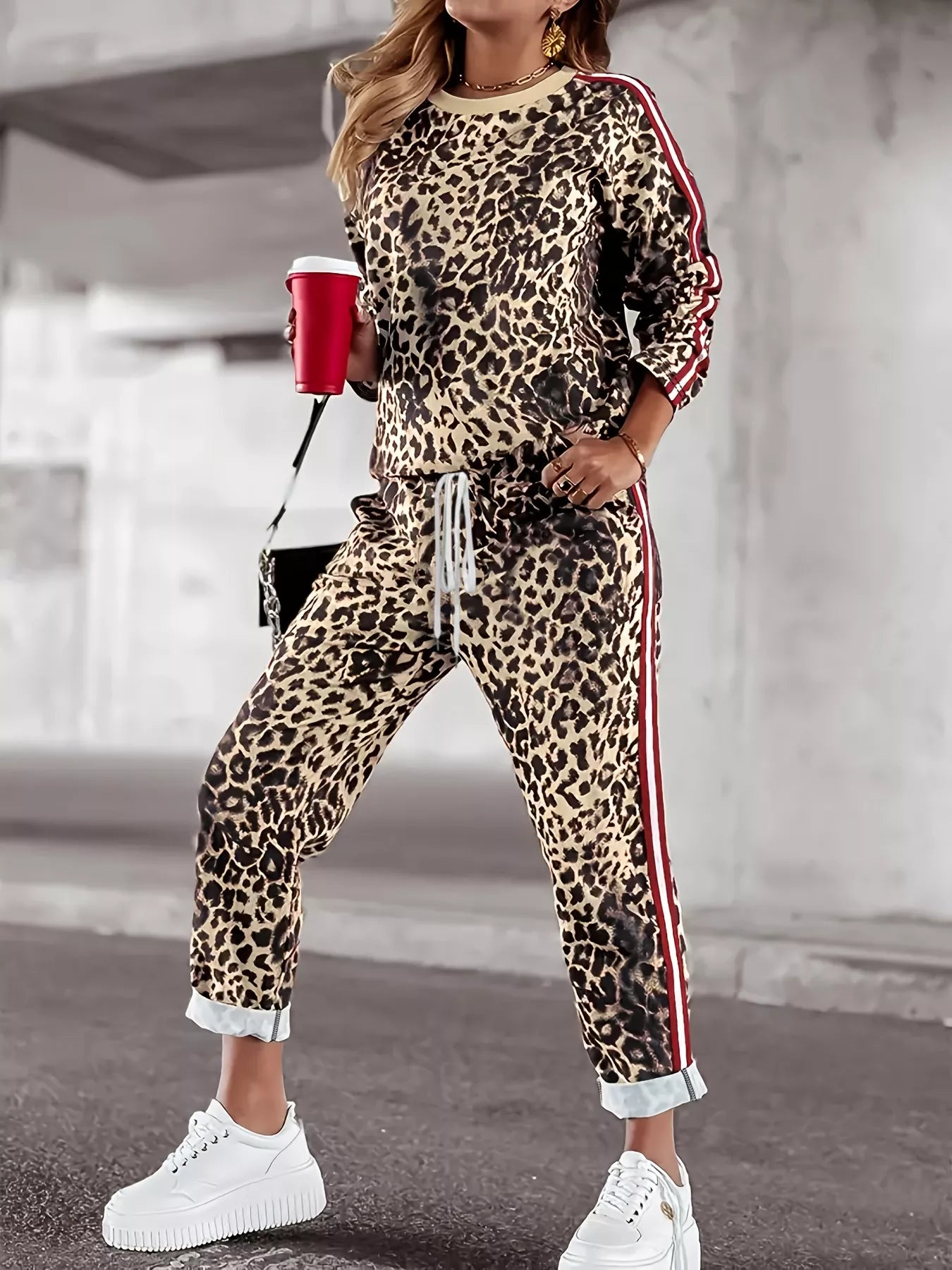 Plus Size Leopard Print Long Sleeve Top and Pants Set