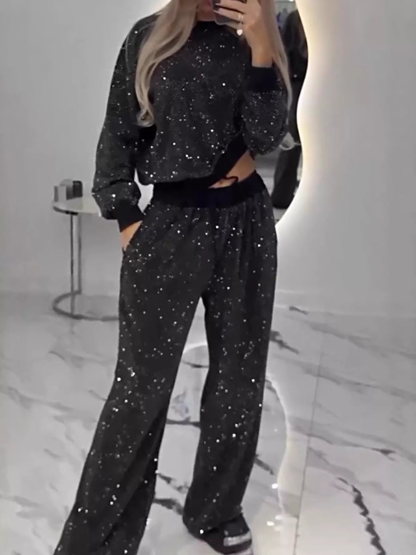 Rhinestone Long Sleeve Top and Pants Set