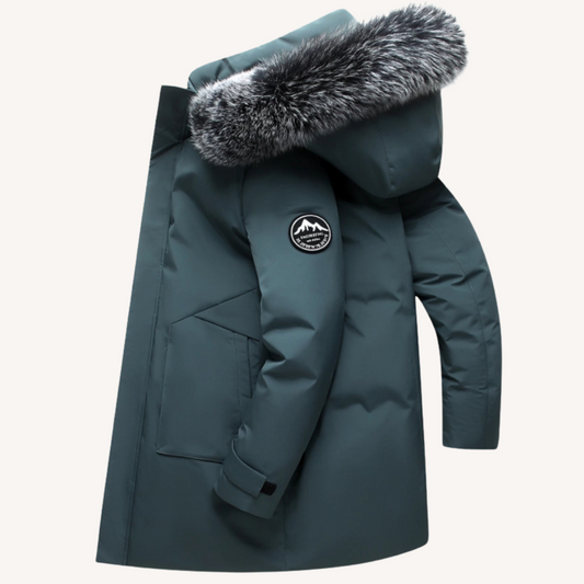 Stetson | Hooded Down Coat with Faux Fur Collar Blue Green
