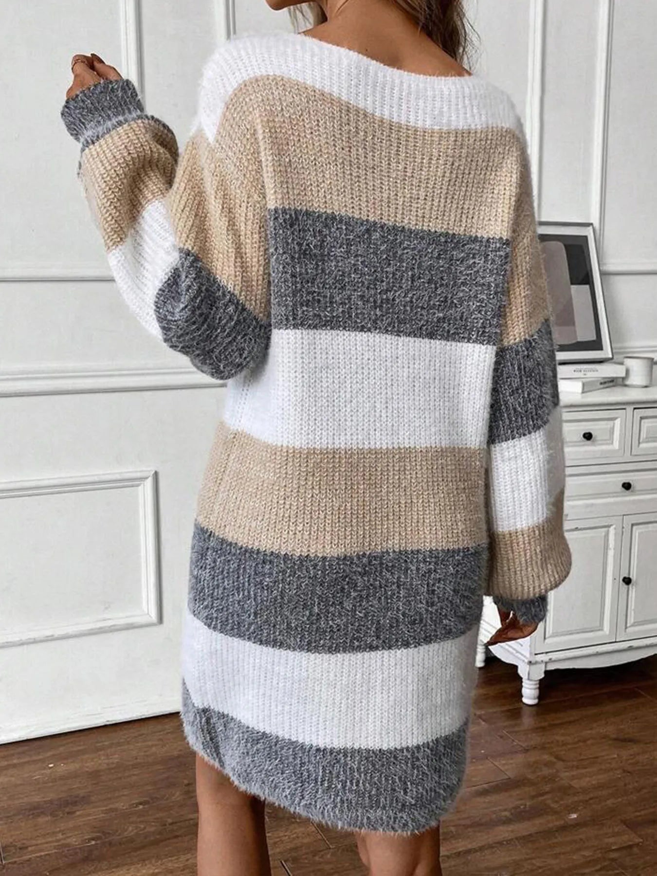Color Block Long Sleeve Sweater Dress – Cozy Knit Fall Mini Dress