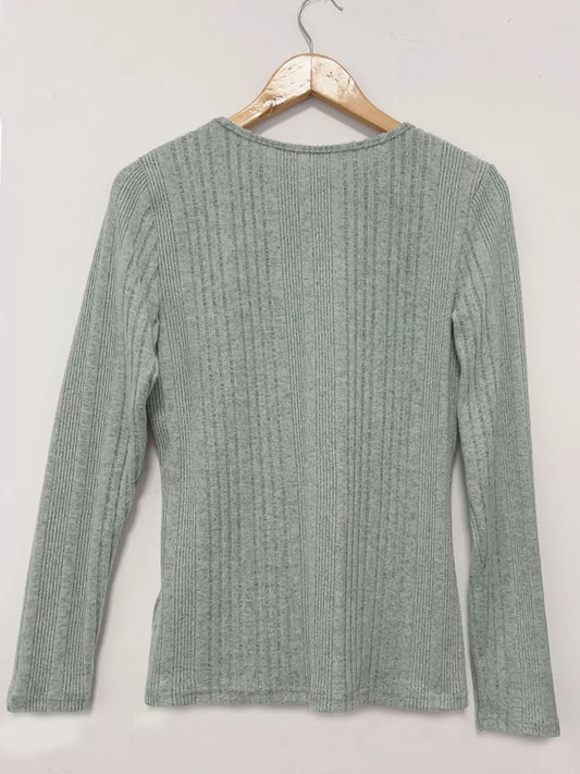 Crisscross V-Neck Ribbed Knit Long Sleeve T-Shirt