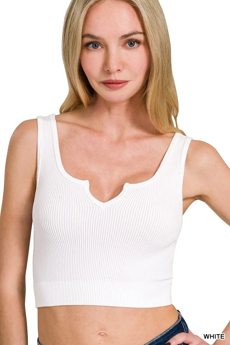 White Split Neck Bra Tank – Seamless Comfort