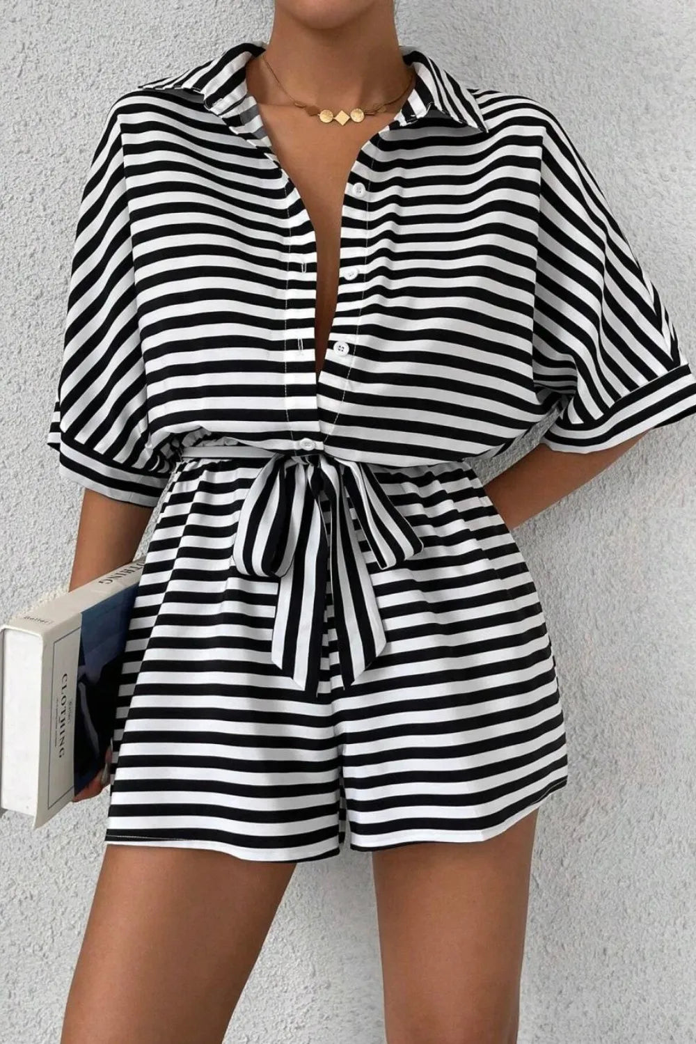 Striped Romper - Collared Tied Waist