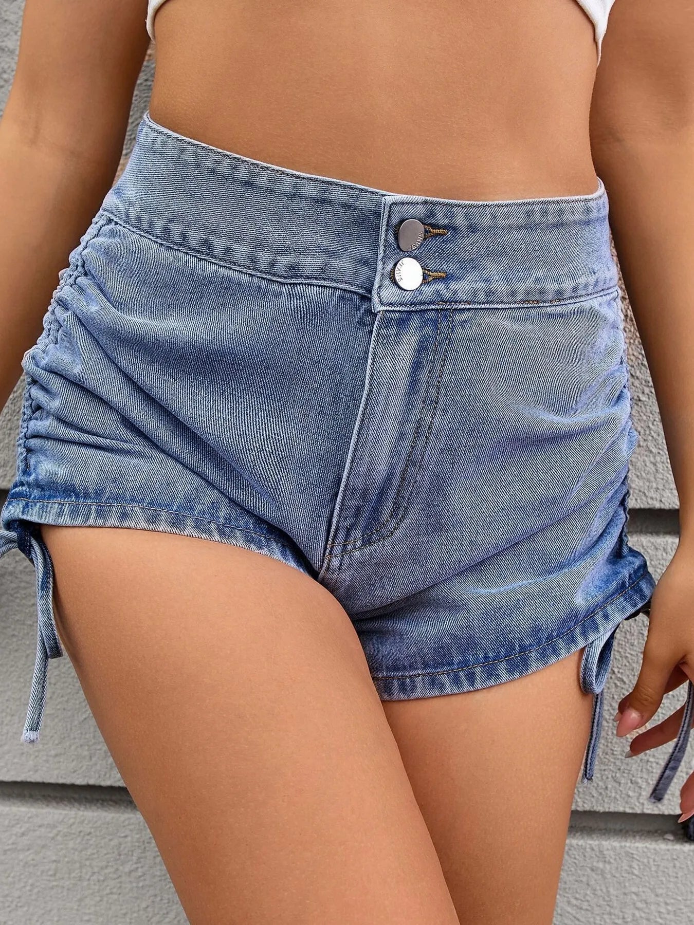 Ruched Side Drawstring Denim Shorts