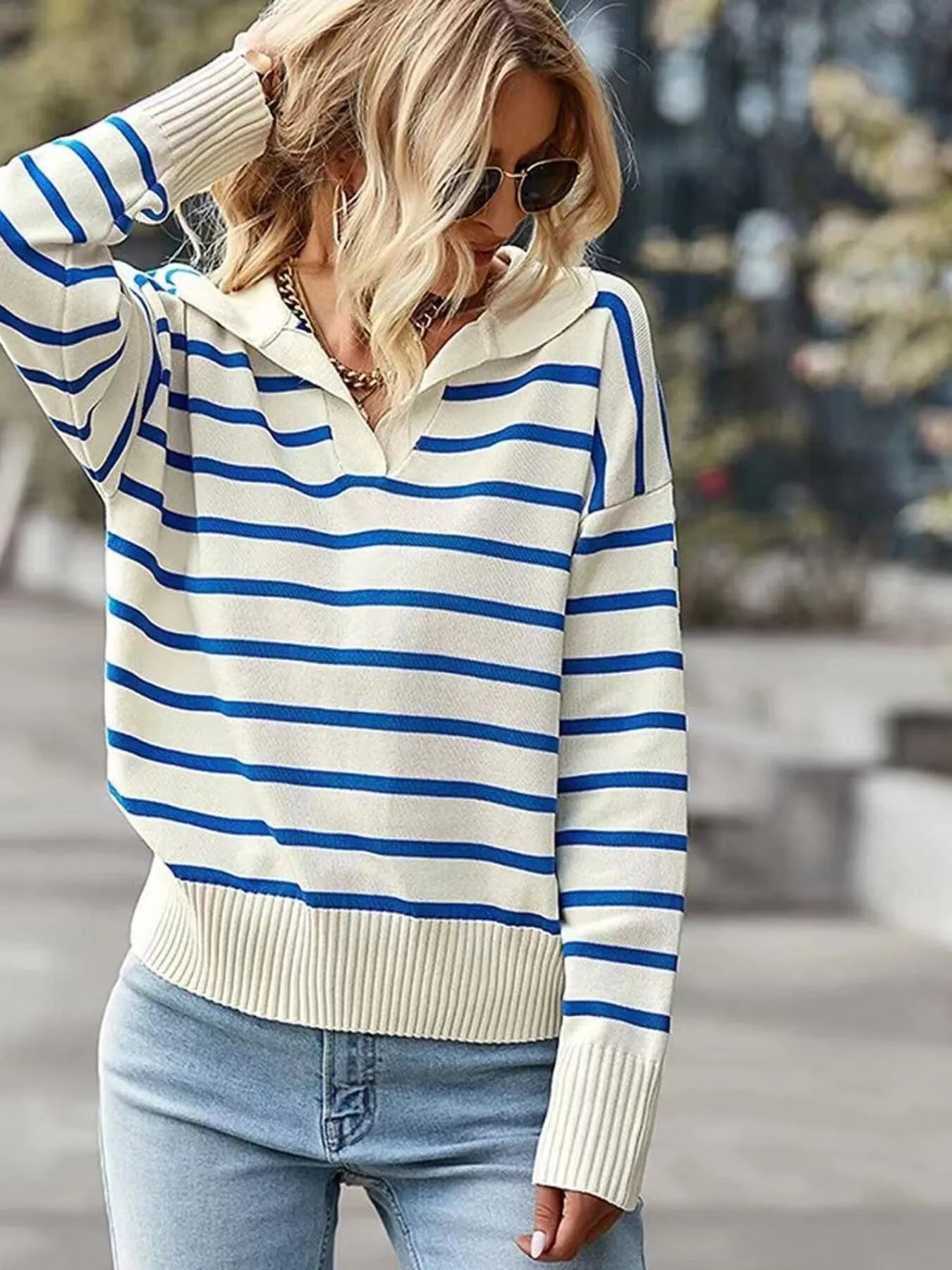 Ribbed Striped Sweater with Long Sleeves