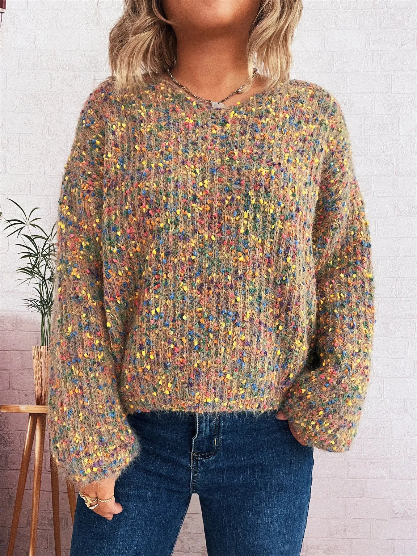 Women’s Colorful Long Sleeve Sweater – Vibrant Knit Pullover for Fall & Winter
