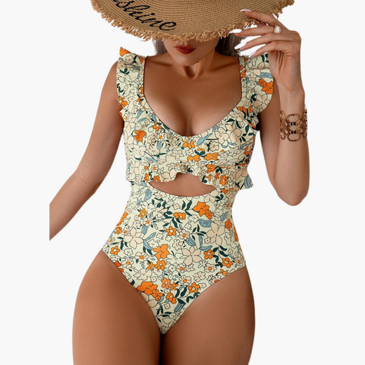 Floral One Piece Swimsuit - Ruffled Women’s Cut-Out Design