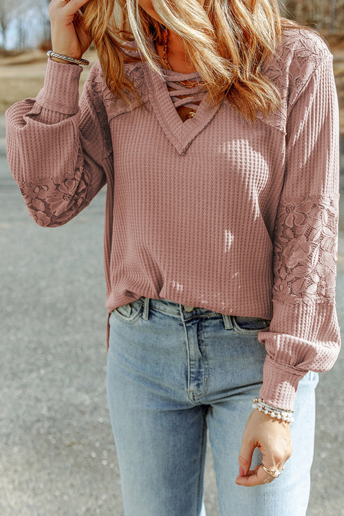 Style Update Lace Long Sleeve Knit Top - 2 Colors Pink