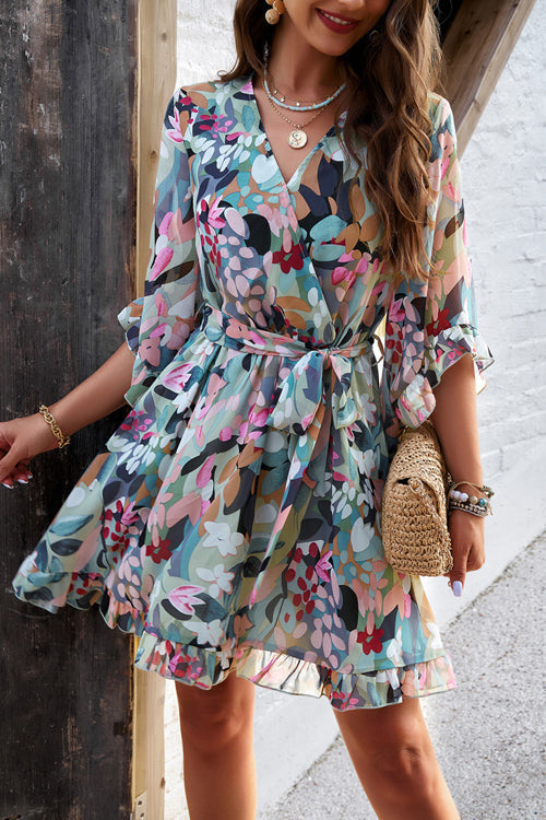 On This Day Floral Print Warp Mini Dress - 4 Colors Sage Green