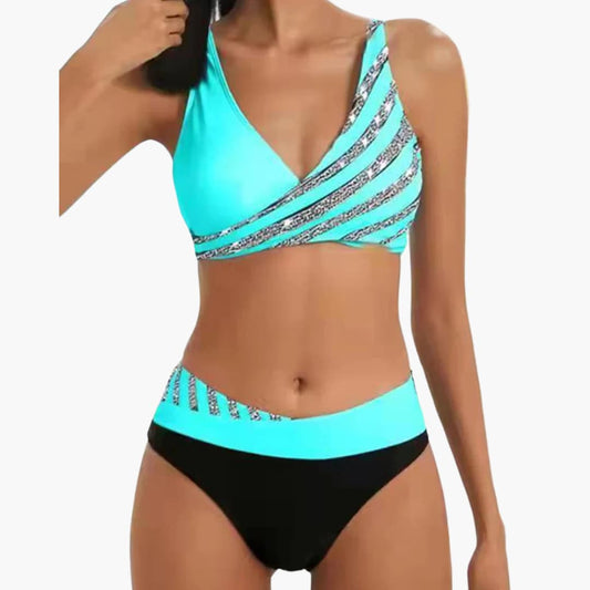 Striped Bikini - Women's Sparkly Two-Piece Swimwear Set