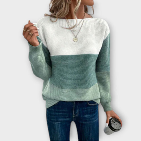 Emily-Elegant Three-Colour Patchwork Sweater Green