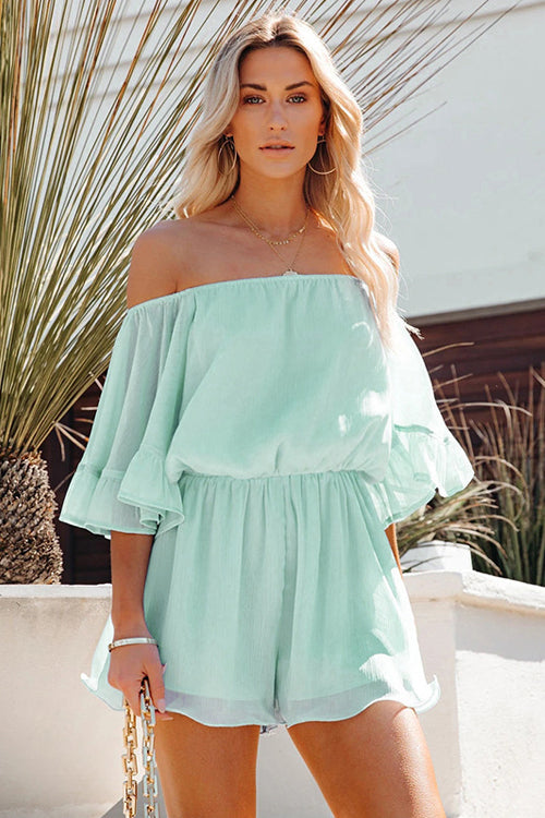 Lovely Disposition Ruffled Off The Shoulder Romper - 2 Colors Blue
