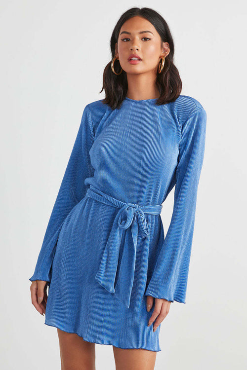 Can't Leave You Now Pleated Long Sleeve Mini Dress - 2 Colors Blue