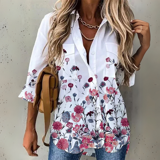 Luna™ – Printed Breeze Shirt White with Pink and Purple Floral Prints